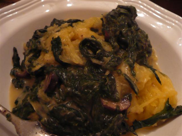 Spaghetti Squash with Creamed Mustard Greens
